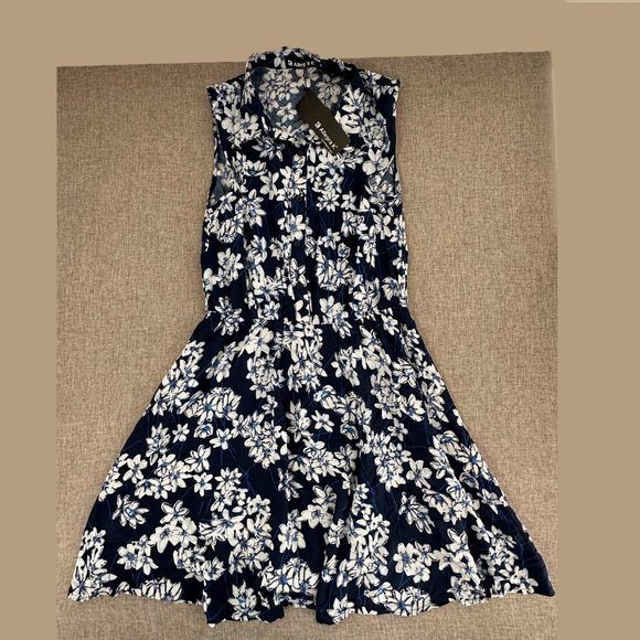 Allegra K Sundress Floral‎ Navy Blue White Dress Medium Rayon Button Down - Picture 2 of 11